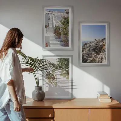 Wanddecoratieset schilderijen witte trap met uitzicht op Santorini