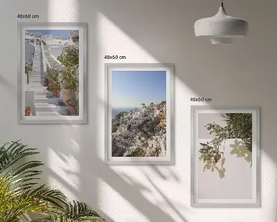 Wanddecoratieset schilderijen witte trap met uitzicht op Santorini