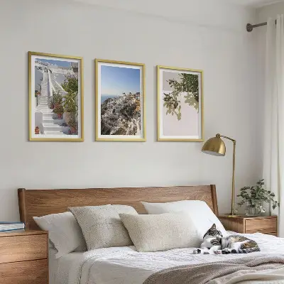 Wanddecoratieset schilderijen witte trap met uitzicht op Santorini