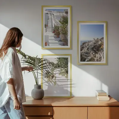 Wanddecoratieset schilderijen witte trap met uitzicht op Santorini