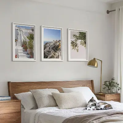 Wanddecoratieset schilderijen witte trap met uitzicht op Santorini