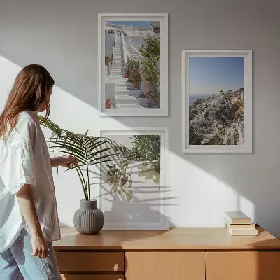 Wanddecoratieset schilderijen witte trap met uitzicht op Santorini