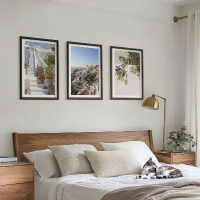 Wanddecoratieset schilderijen witte trap met uitzicht op Santorini