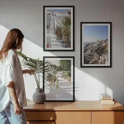 Wanddecoratieset schilderijen witte trap met uitzicht op Santorini