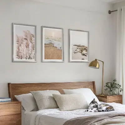 Wanddecoratieset schilderijen met strand gras golven en stenen in boho stijl