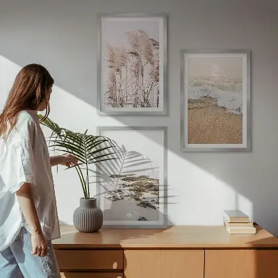 Wanddecoratieset schilderijen met strand gras golven en stenen in boho stijl