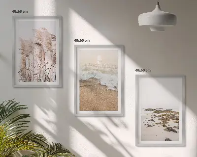 Wanddecoratieset schilderijen met strand gras golven en stenen in boho stijl