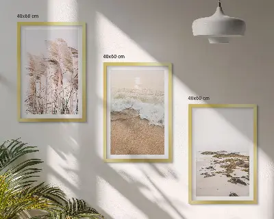Wanddecoratieset schilderijen met strand gras golven en stenen in boho stijl