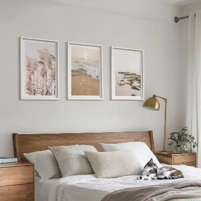 Wanddecoratieset schilderijen met strand gras golven en stenen in boho stijl