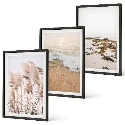 Wanddecoratieset schilderijen met strand gras golven en stenen in boho stijl