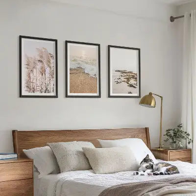 Wanddecoratieset schilderijen met strand gras golven en stenen in boho stijl
