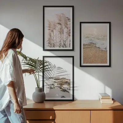 Wanddecoratieset schilderijen met strand gras golven en stenen in boho stijl
