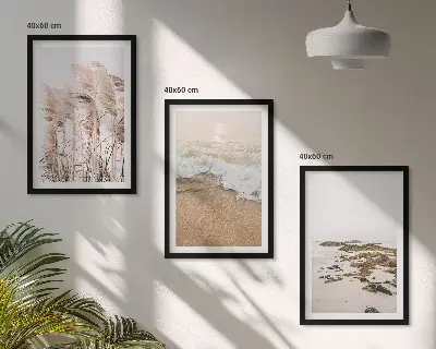 Wanddecoratieset schilderijen met strand gras golven en stenen in boho stijl