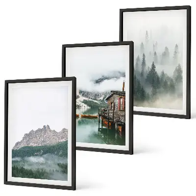 Wanddecoratieset met schilderijen landschap met bergen, meer, hut en mist