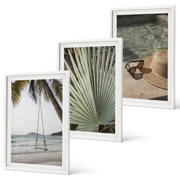 Wanddecoratieset met schilderijen decoratie met strand, schommel en bladeren met vakantiethema