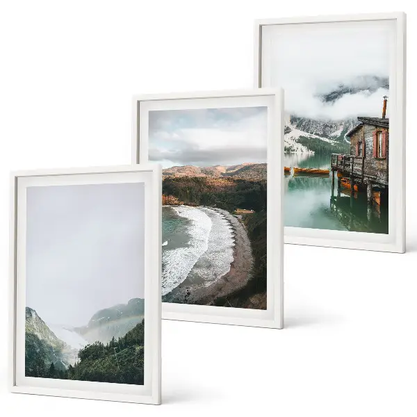 Wanddecoratieset schilderijen met bergen strand wolken en water