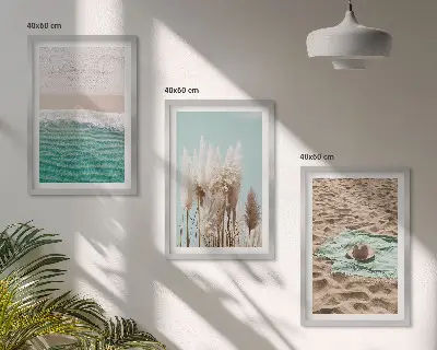 Wanddecoratieset schilderijen met strand, golven, gras en hoed