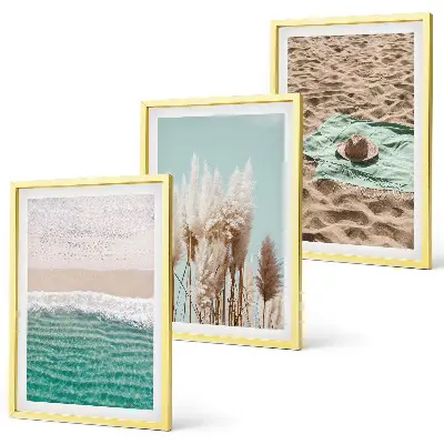 Wanddecoratieset schilderijen met strand, golven, gras en hoed