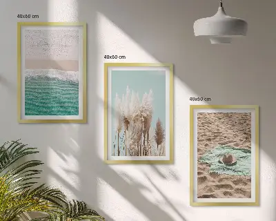 Wanddecoratieset schilderijen met strand, golven, gras en hoed