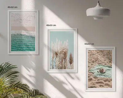 Wanddecoratieset schilderijen met strand, golven, gras en hoed