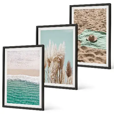 Wanddecoratieset schilderijen met strand, golven, gras en hoed