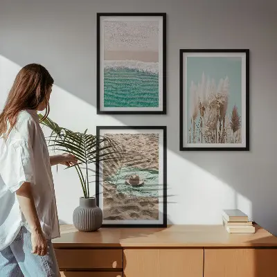 Wanddecoratieset schilderijen met strand, golven, gras en hoed