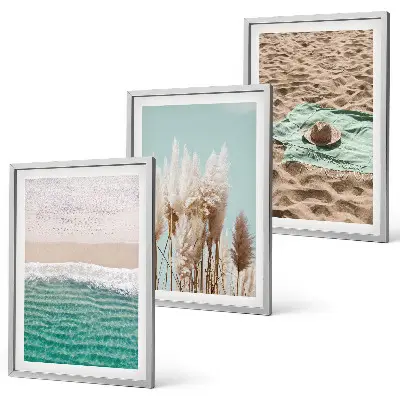 Wanddecoratieset schilderijen met strand, golven, gras en hoed