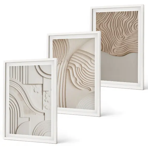 Set wanddecoratie met schilderijen met abstracte patronen in beige en wit