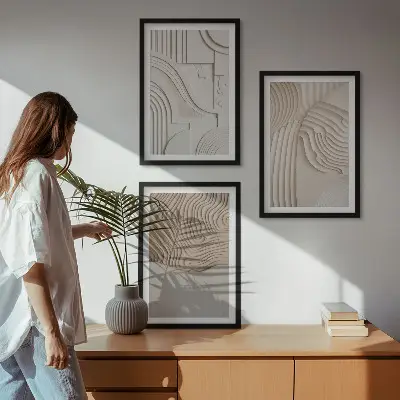 Set wanddecoratie met schilderijen met abstracte patronen in beige en wit