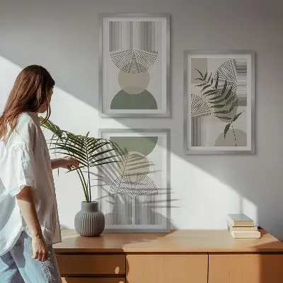 Wanddecoratieset met schilderijen abstracte vormen met groentinten
