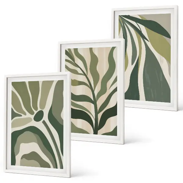 Set wanddecoratie met schilderijen met illustraties van geschilderde groene bladeren