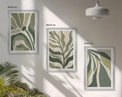 Set wanddecoratie met schilderijen met illustraties van geschilderde groene bladeren