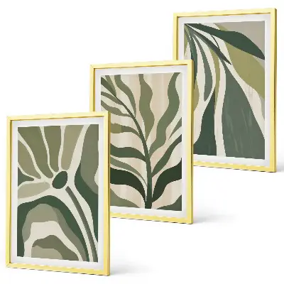 Set wanddecoratie met schilderijen met illustraties van geschilderde groene bladeren