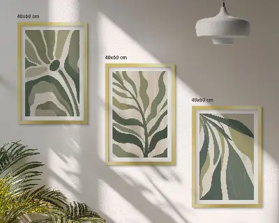 Set wanddecoratie met schilderijen met illustraties van geschilderde groene bladeren