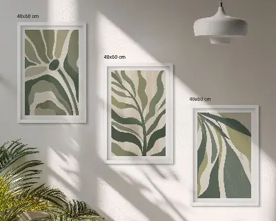 Set wanddecoratie met schilderijen met illustraties van geschilderde groene bladeren