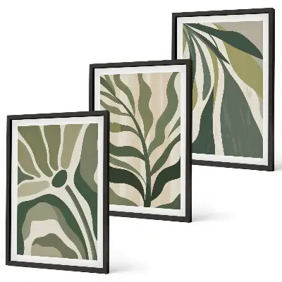 Set wanddecoratie met schilderijen met illustraties van geschilderde groene bladeren
