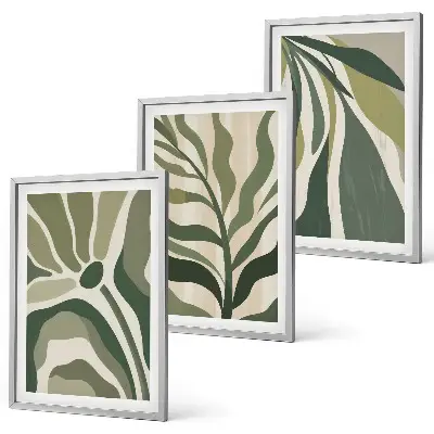 Set wanddecoratie met schilderijen met illustraties van geschilderde groene bladeren