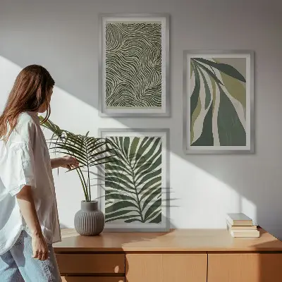 Wanddecoratie set schilderijen met golvende lijnen in groentinten