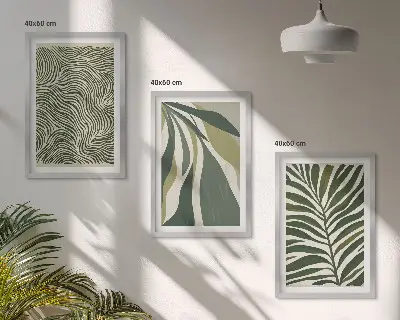 Wanddecoratie set schilderijen met golvende lijnen in groentinten