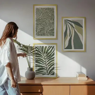 Wanddecoratie set schilderijen met golvende lijnen in groentinten