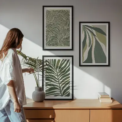 Wanddecoratie set schilderijen met golvende lijnen in groentinten