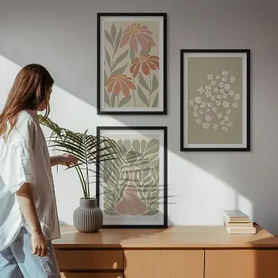 Set wanddecoratie met schilderijen met florale boho motieven