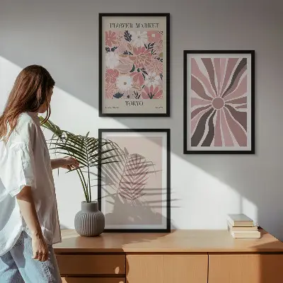 Fotowand met bloemmotieven, bladeren en geometrische vormen