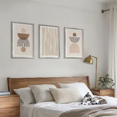 Wanddecoratieset schilderijen abstracte vormen in bruin en beige