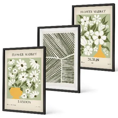Wanddecoratieset schilderijen met bloemmotieven Londen en Dublin
