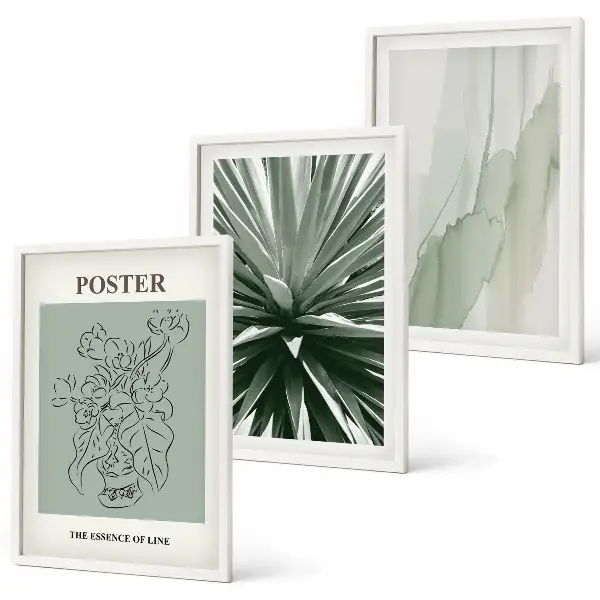 Set wanddecoratie met schilderijen met botanische prints in groene tinten