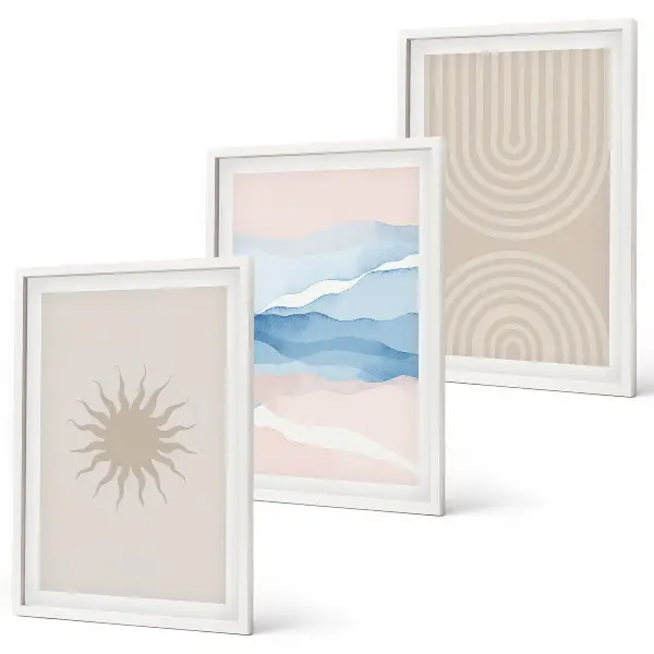 Wanddecoratieset met schilderijen abstracte lijnen van zon en golven in pasteltinten