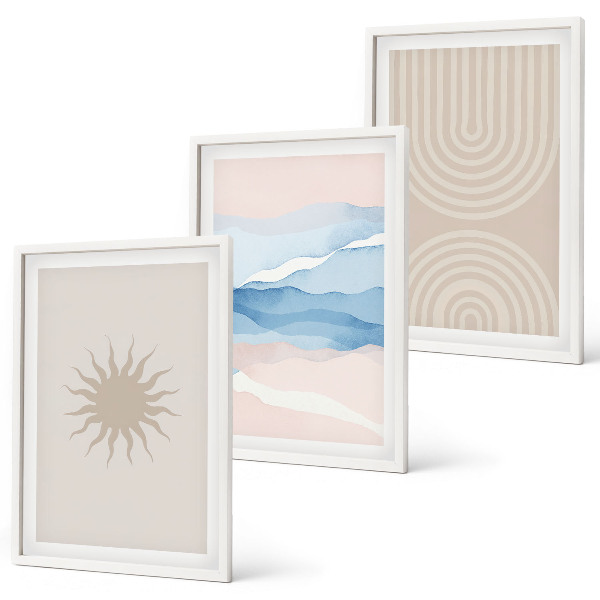 Wanddecoratie set schilderijen Słońce fale abstrakcyjne linie pastel