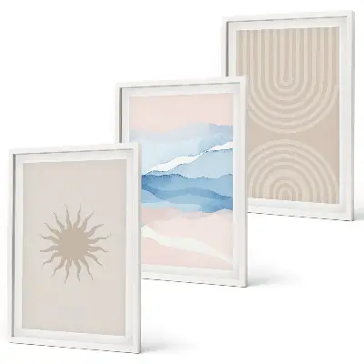 Wanddecoratieset met schilderijen abstracte lijnen van zon en golven in pasteltinten