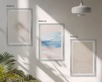 Wanddecoratieset met schilderijen abstracte lijnen van zon en golven in pasteltinten